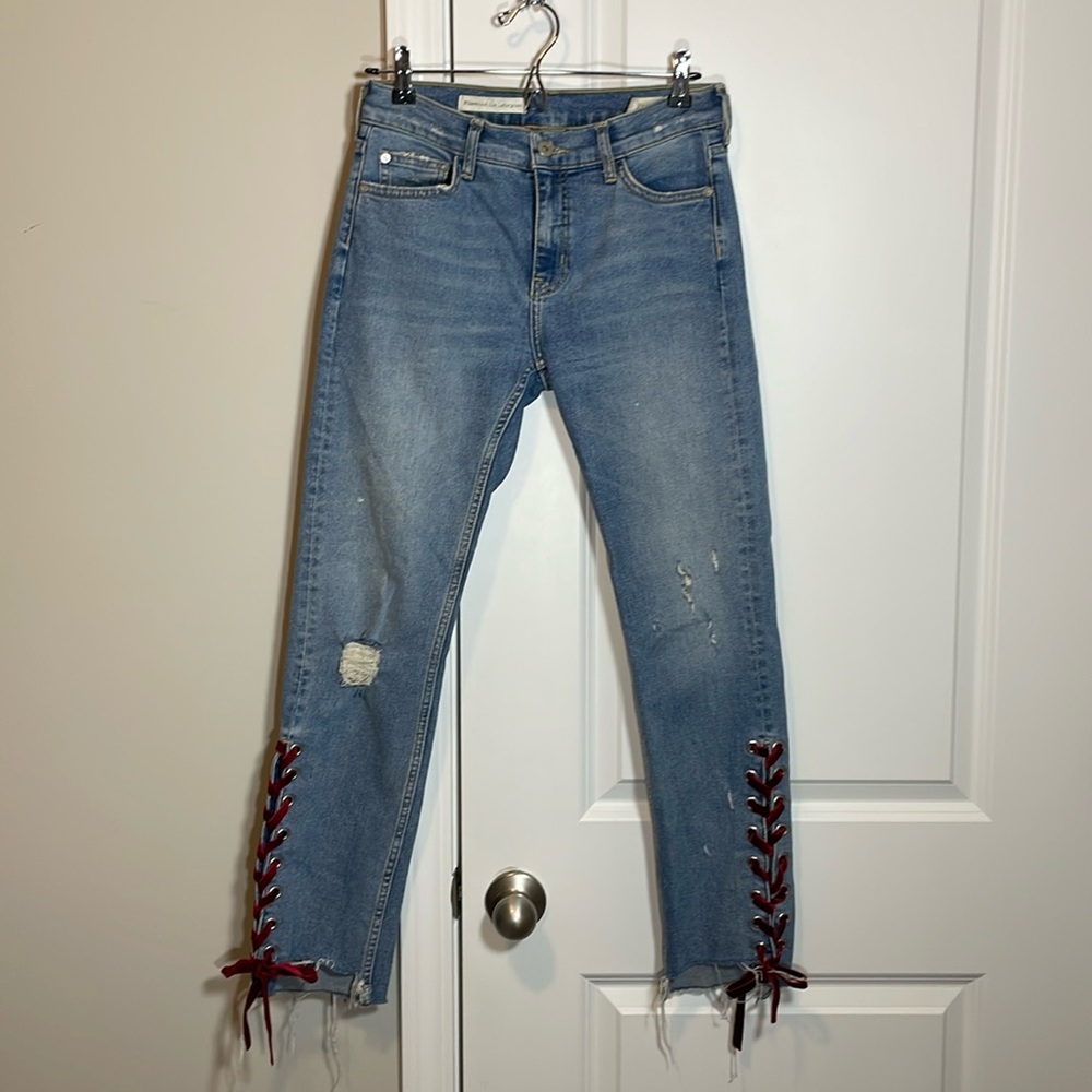 Anthropologie Pilcro Red Velvet-Laced Hem Mid-Rise Slim Straight Jeans 😀